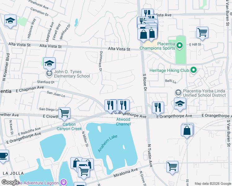 map of restaurants, bars, coffee shops, grocery stores, and more near 1046 Snow Lane in Placentia