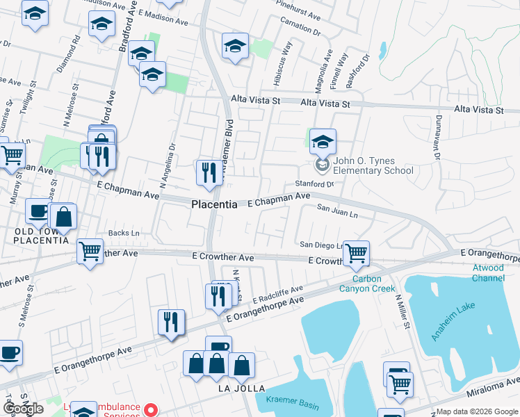 map of restaurants, bars, coffee shops, grocery stores, and more near 103 Harvard Court in Placentia