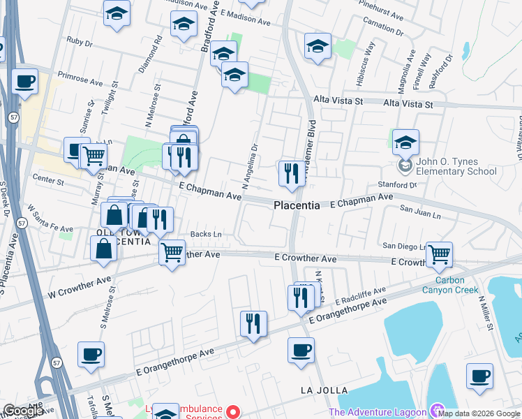 map of restaurants, bars, coffee shops, grocery stores, and more near 313 East Chapman Avenue in Placentia