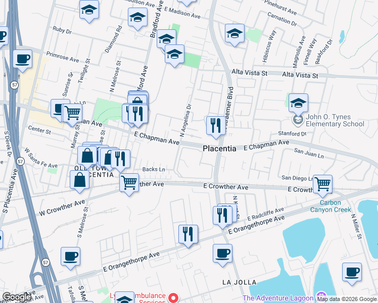 map of restaurants, bars, coffee shops, grocery stores, and more near 313 East Chapman Avenue in Placentia