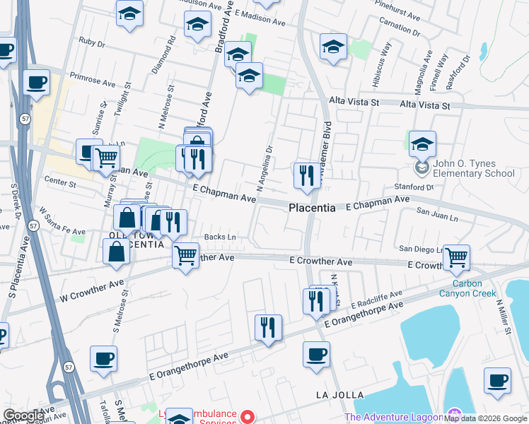 map of restaurants, bars, coffee shops, grocery stores, and more near 313 East Chapman Avenue in Placentia