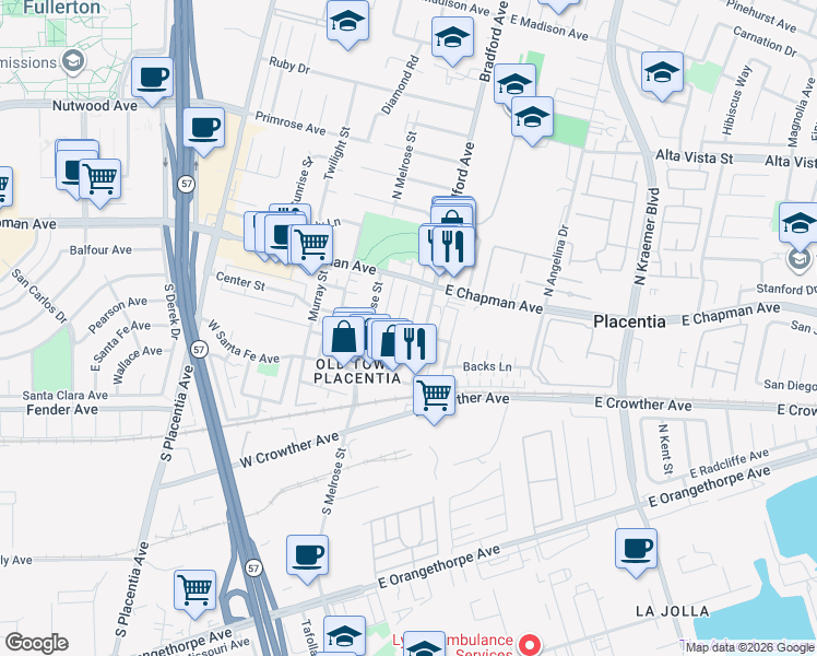 map of restaurants, bars, coffee shops, grocery stores, and more near 126 South Main Street in Placentia