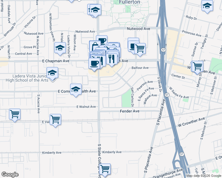 map of restaurants, bars, coffee shops, grocery stores, and more near 2429 Balfour Avenue in Fullerton