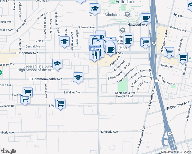 map of restaurants, bars, coffee shops, grocery stores, and more near 2401 Balfour Avenue in Fullerton