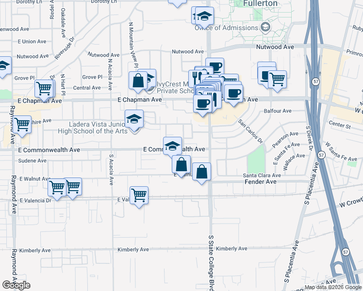 map of restaurants, bars, coffee shops, grocery stores, and more near 2218 Revere Avenue in Fullerton