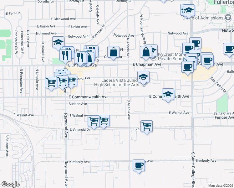 map of restaurants, bars, coffee shops, grocery stores, and more near 211 North Harrington Drive in Fullerton