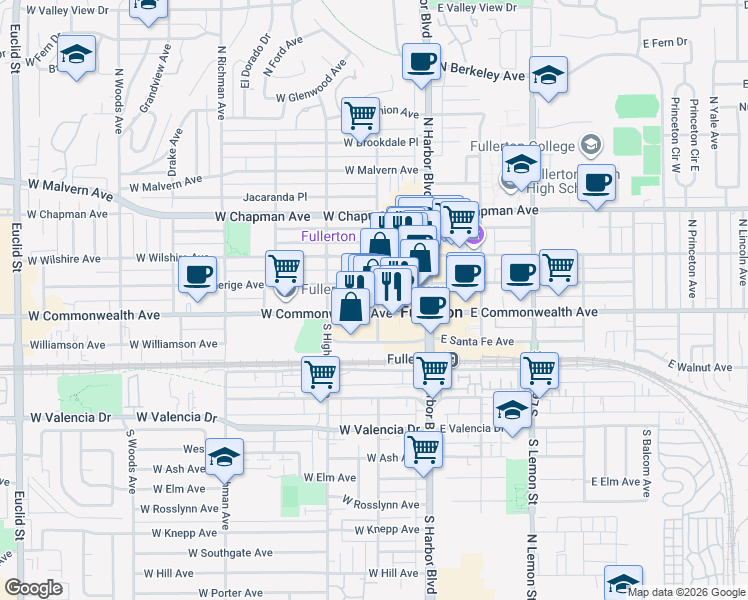 map of restaurants, bars, coffee shops, grocery stores, and more near 215 West Amerige Avenue in Fullerton