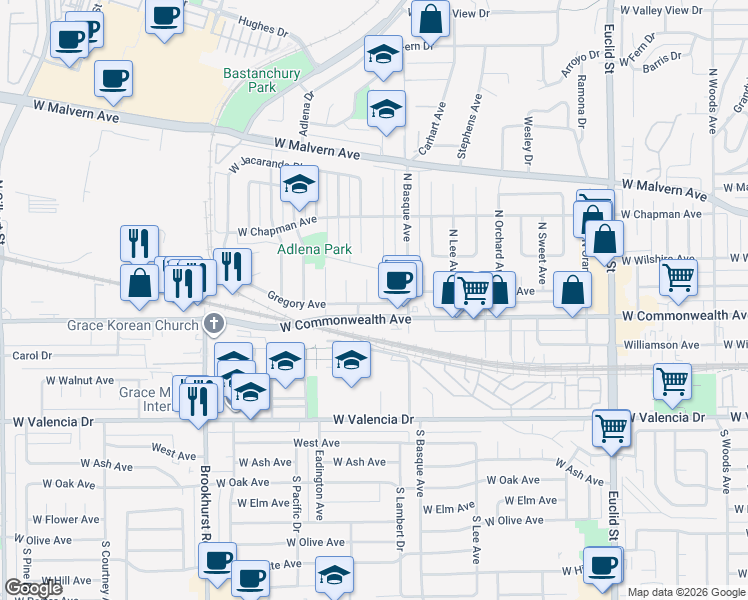 map of restaurants, bars, coffee shops, grocery stores, and more near 220 North Alberta Place in Fullerton