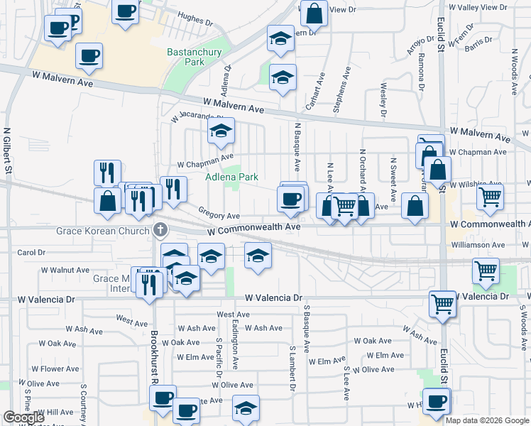 map of restaurants, bars, coffee shops, grocery stores, and more near 220 North Alberta Place in Fullerton