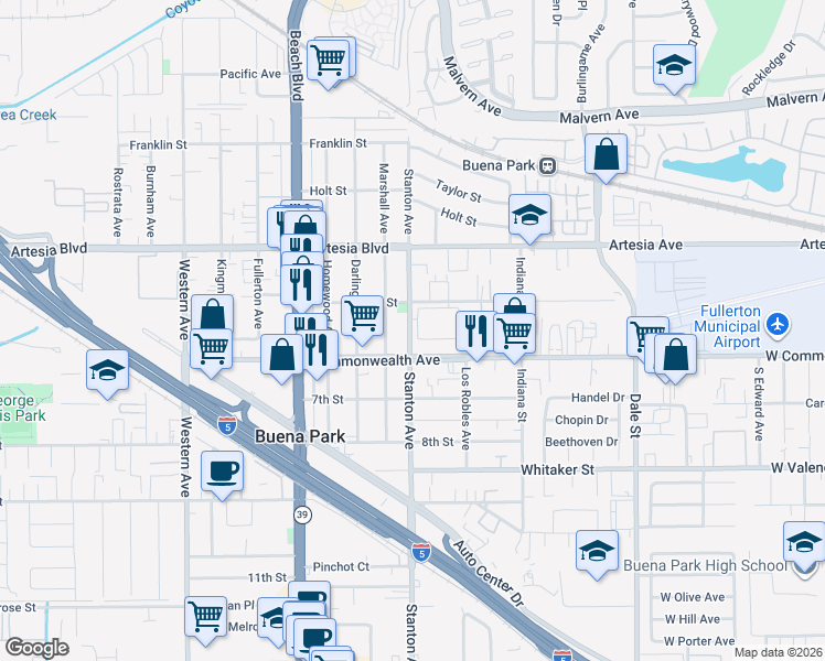 map of restaurants, bars, coffee shops, grocery stores, and more near 7905 4th Street in Buena Park