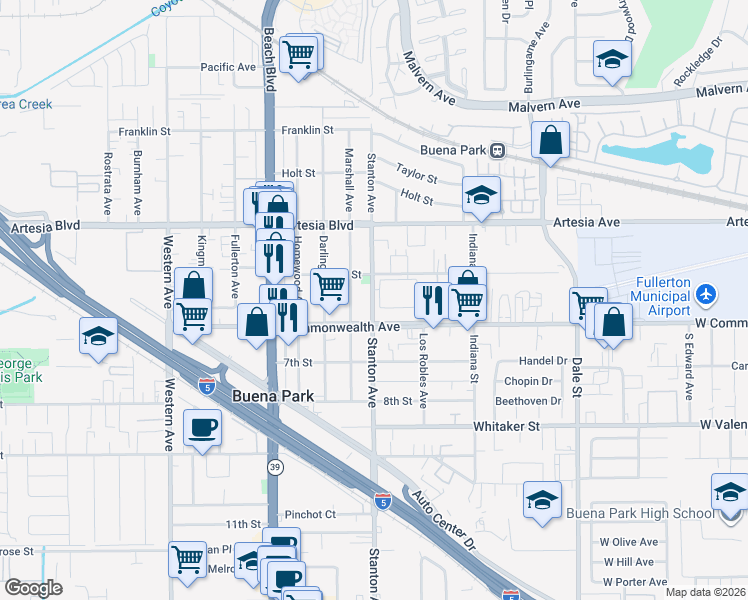 map of restaurants, bars, coffee shops, grocery stores, and more near 6132 Marshall Avenue in Buena Park
