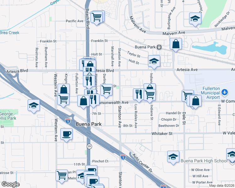 map of restaurants, bars, coffee shops, grocery stores, and more near 6132 Marshall Avenue in Buena Park