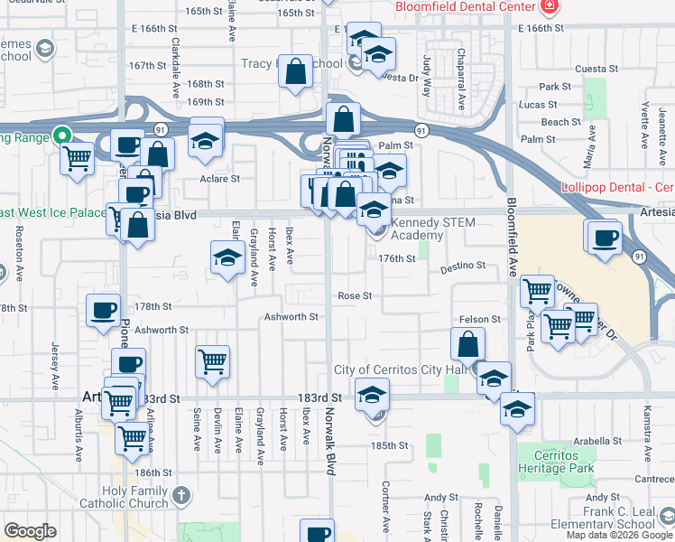 map of restaurants, bars, coffee shops, grocery stores, and more near 17533 Norwalk Boulevard in Artesia