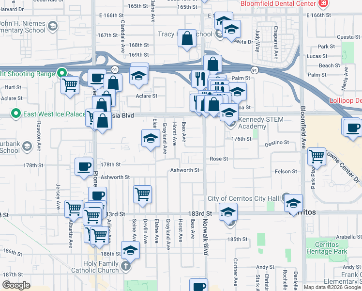 map of restaurants, bars, coffee shops, grocery stores, and more near 12103 176th Street in Artesia