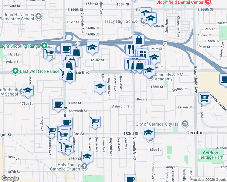 map of restaurants, bars, coffee shops, grocery stores, and more near 17513 Horst Avenue in Artesia