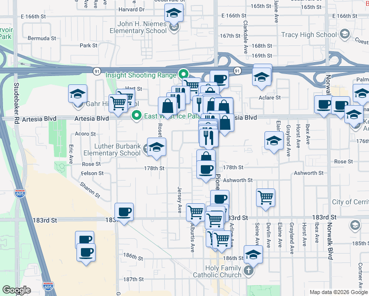 map of restaurants, bars, coffee shops, grocery stores, and more near 11653 176th Street in Artesia