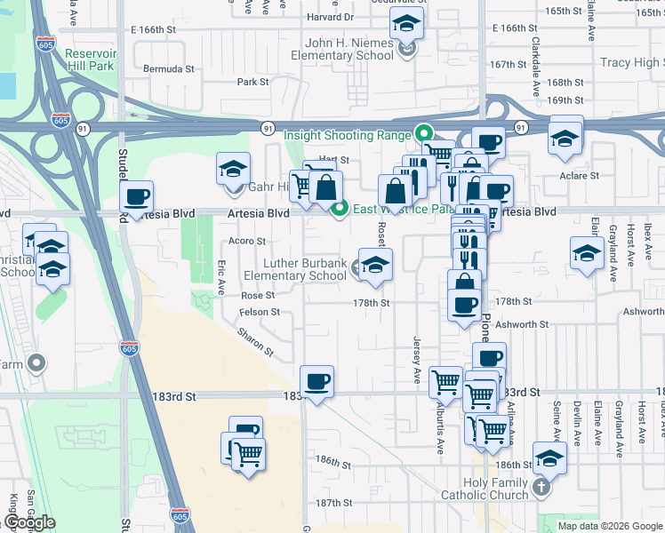 map of restaurants, bars, coffee shops, grocery stores, and more near 17522 Summer Avenue in Artesia