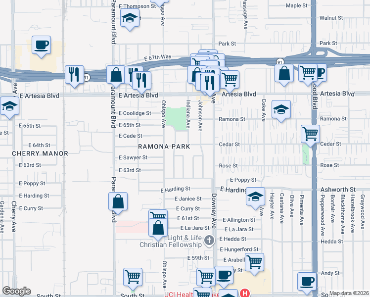 map of restaurants, bars, coffee shops, grocery stores, and more near 6420 Indiana Avenue in Long Beach