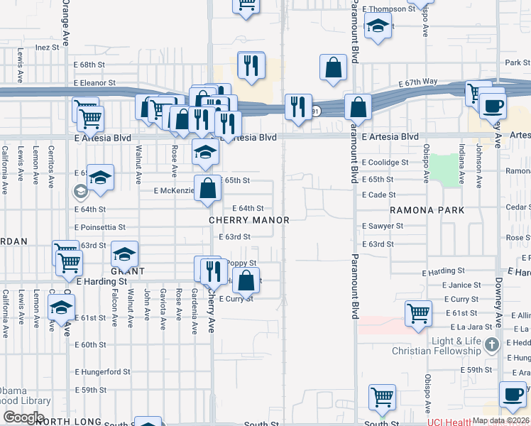 map of restaurants, bars, coffee shops, grocery stores, and more near 2252 East McKenzie Street in Long Beach
