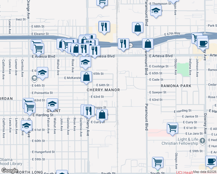 map of restaurants, bars, coffee shops, grocery stores, and more near 2252 East McKenzie Street in Long Beach