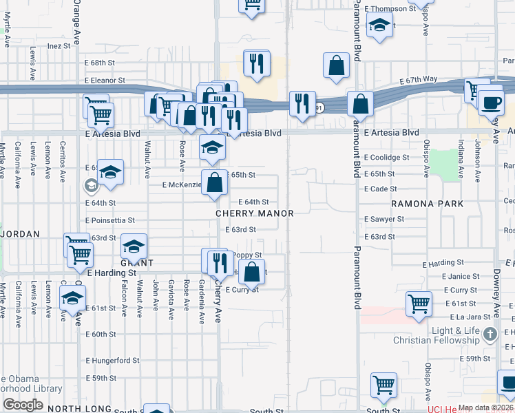 map of restaurants, bars, coffee shops, grocery stores, and more near 2252 East McKenzie Street in Long Beach
