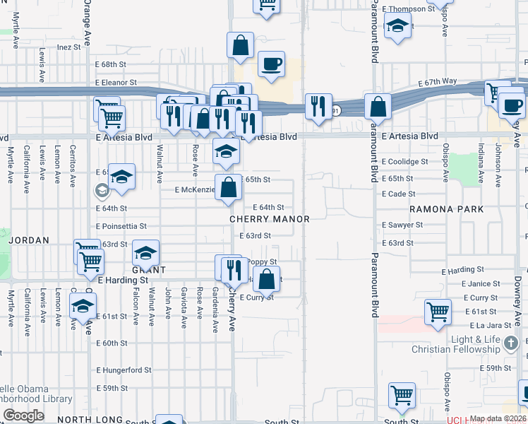 map of restaurants, bars, coffee shops, grocery stores, and more near 2142 East McKenzie Street in Long Beach