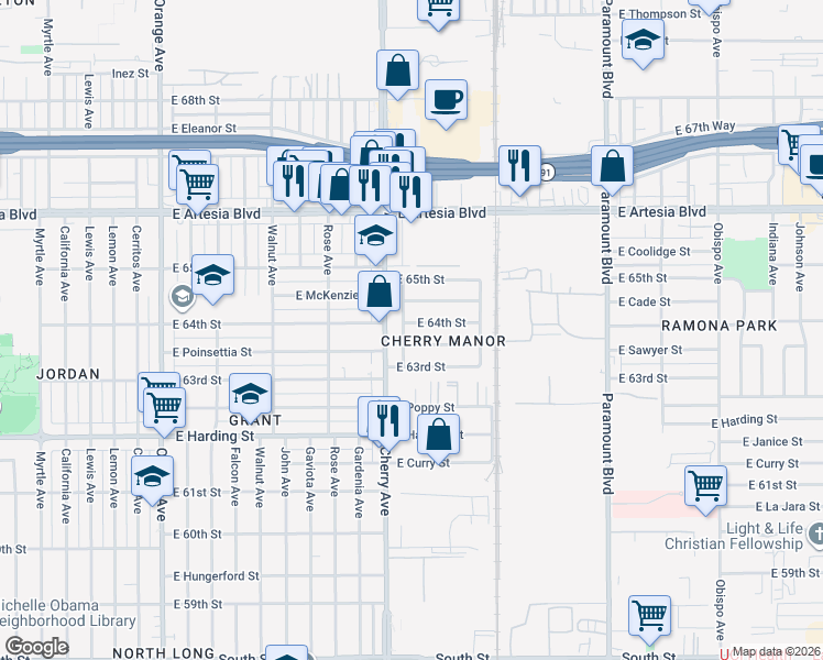 map of restaurants, bars, coffee shops, grocery stores, and more near 2142 East McKenzie Street in Long Beach