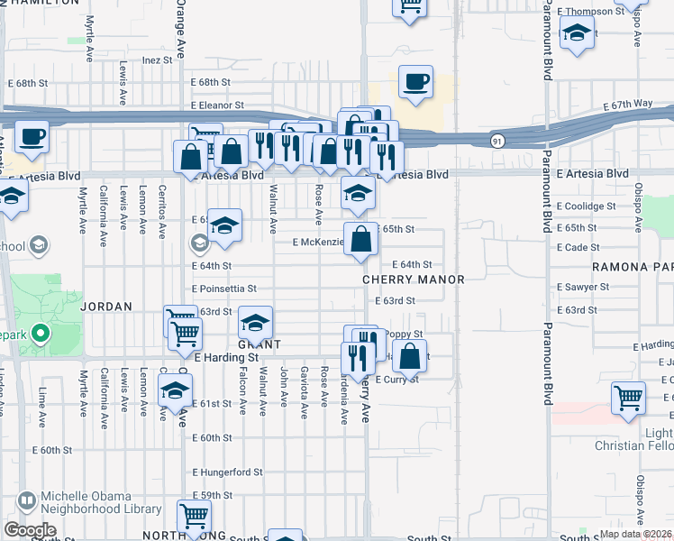 map of restaurants, bars, coffee shops, grocery stores, and more near 1838 East McKenzie Street in Long Beach