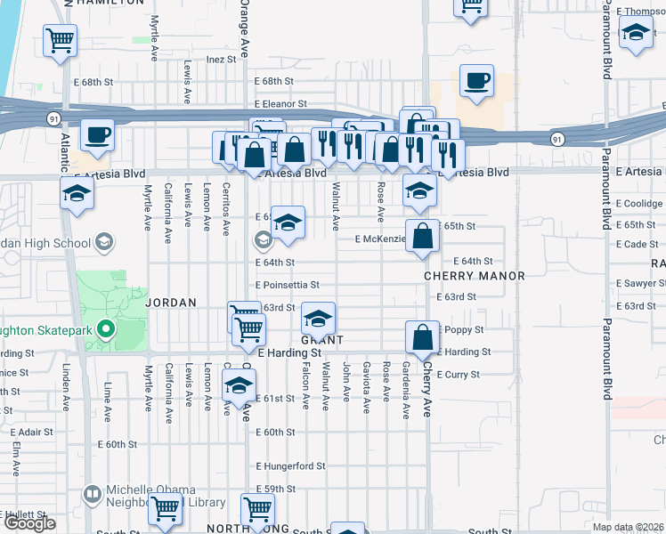 map of restaurants, bars, coffee shops, grocery stores, and more near 6430 Walnut Avenue in Long Beach