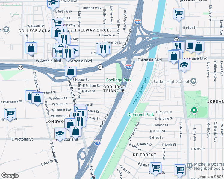 map of restaurants, bars, coffee shops, grocery stores, and more near in Long Beach