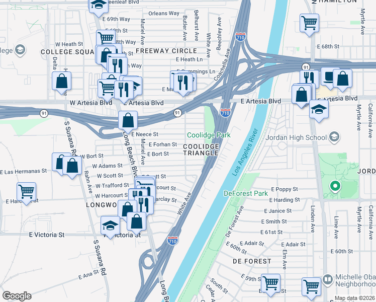 map of restaurants, bars, coffee shops, grocery stores, and more near 281 East Forhan Street in Long Beach