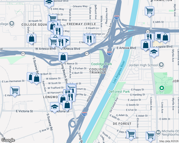 map of restaurants, bars, coffee shops, grocery stores, and more near 281 East Forhan Street in Long Beach