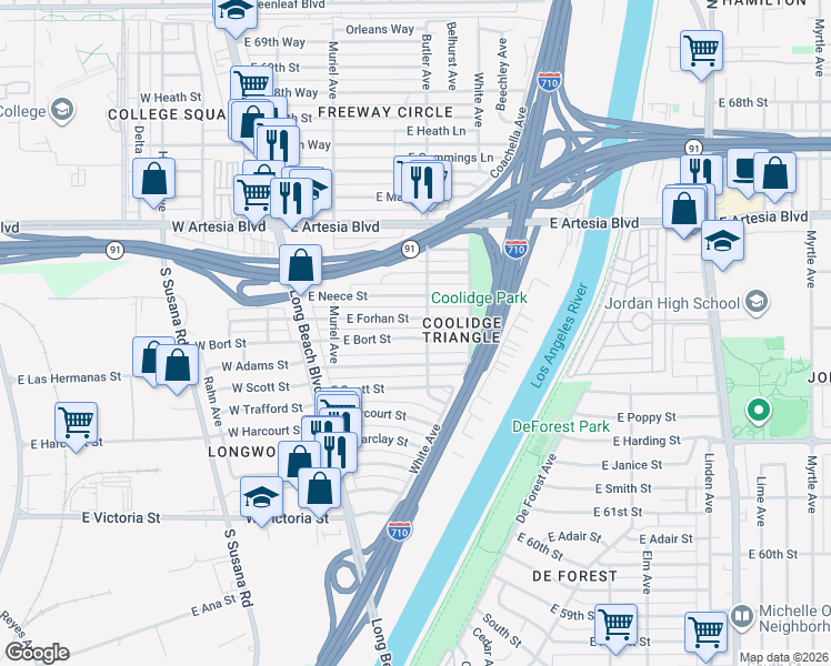 map of restaurants, bars, coffee shops, grocery stores, and more near 281 East Forhan Street in Long Beach