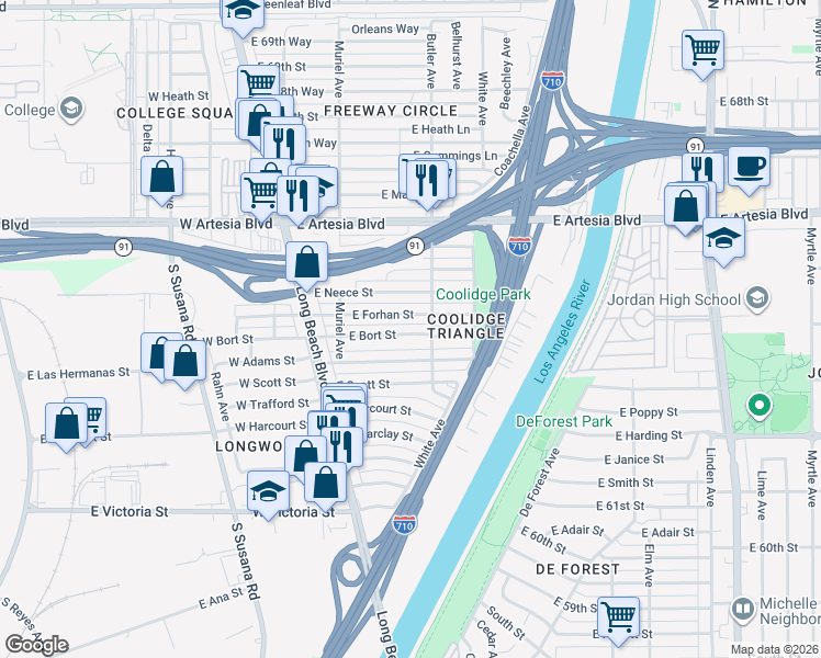 map of restaurants, bars, coffee shops, grocery stores, and more near 249 East Forhan Street in Long Beach