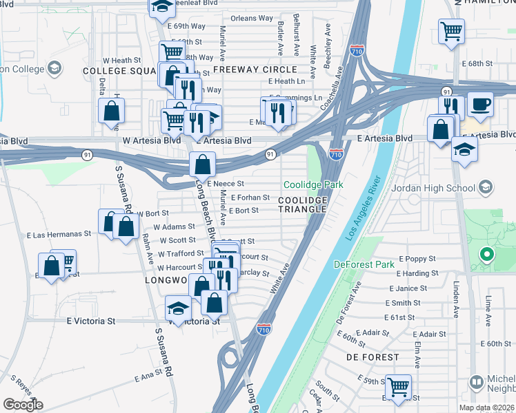 map of restaurants, bars, coffee shops, grocery stores, and more near 249 East Forhan Street in Long Beach