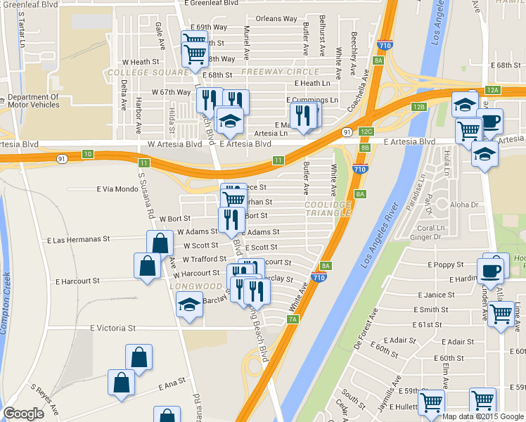 map of restaurants, bars, coffee shops, grocery stores, and more near 211 East Forhan Street in Long Beach