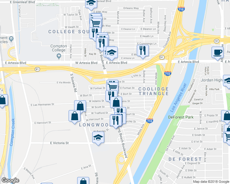 map of restaurants, bars, coffee shops, grocery stores, and more near 6432 Long Beach Boulevard in Long Beach