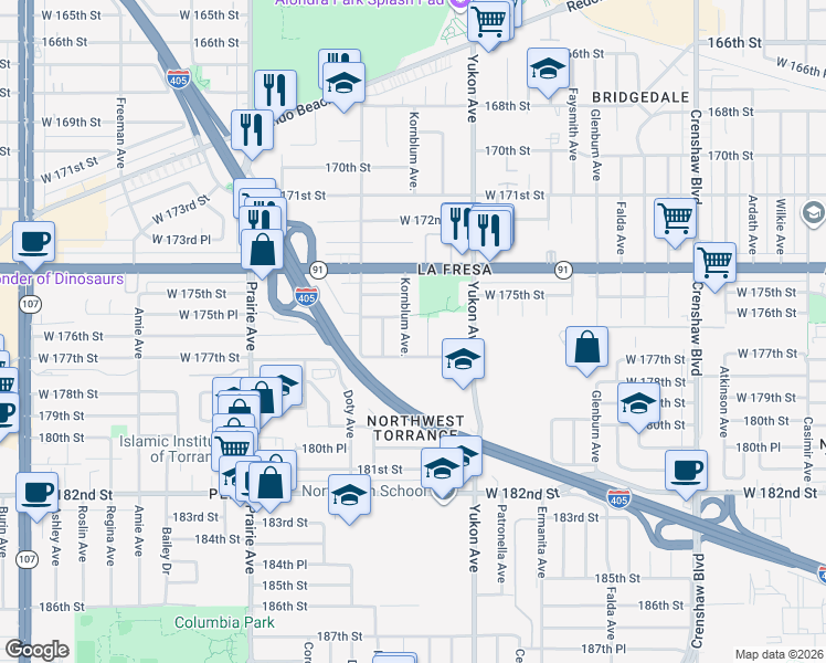 map of restaurants, bars, coffee shops, grocery stores, and more near 3731 West 176th Street in Torrance