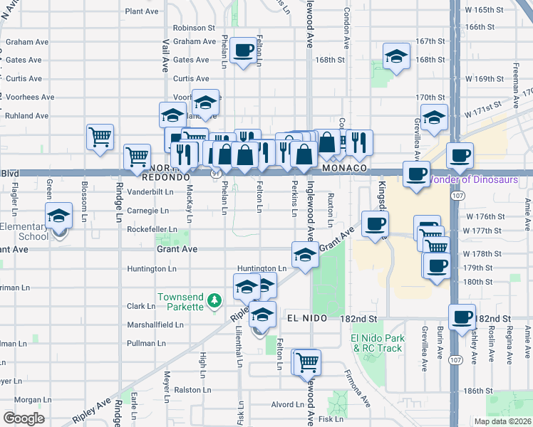map of restaurants, bars, coffee shops, grocery stores, and more near 2608 Vanderbilt Lane in Redondo Beach