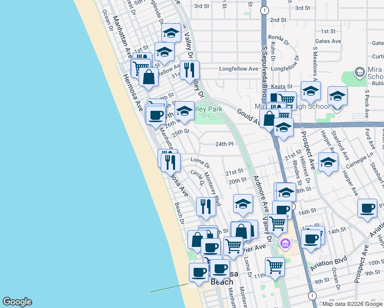 map of restaurants, bars, coffee shops, grocery stores, and more near 2438 Myrtle Avenue in Hermosa Beach