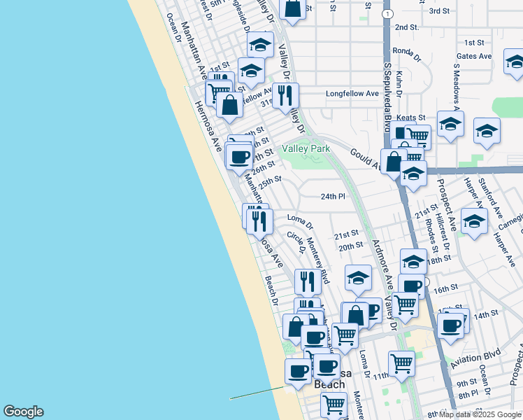 map of restaurants, bars, coffee shops, grocery stores, and more near 2457 Manhattan Avenue in Hermosa Beach