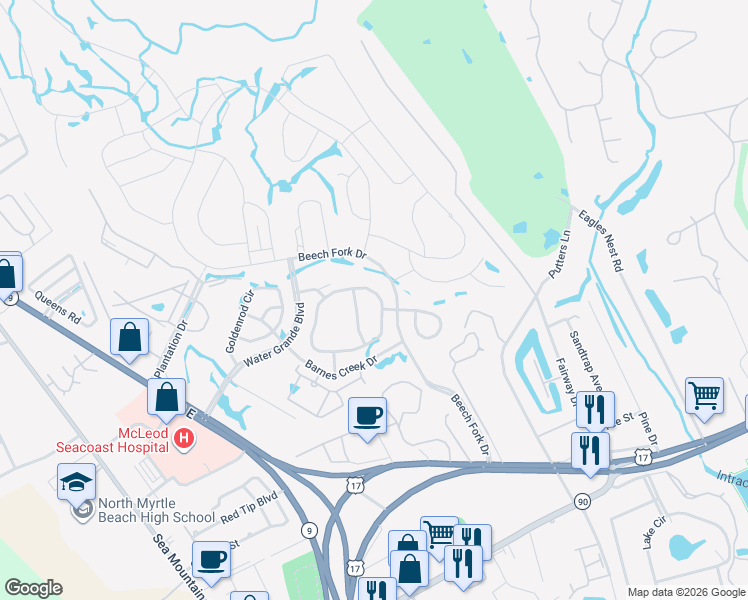 map of restaurants, bars, coffee shops, grocery stores, and more near 319 Switchgrass Loop in Little River