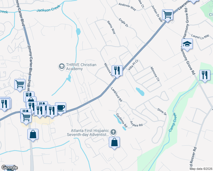 map of restaurants, bars, coffee shops, grocery stores, and more near 233 Linda Drive Northwest in Tucker