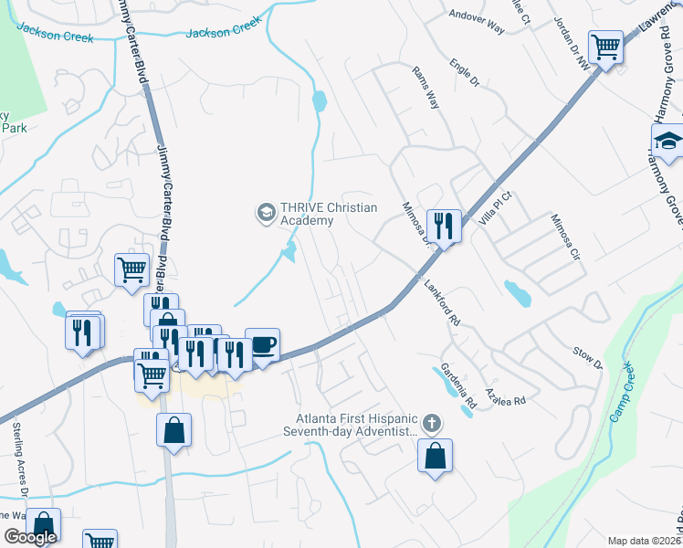 map of restaurants, bars, coffee shops, grocery stores, and more near 6115 Colston Lane in Tucker