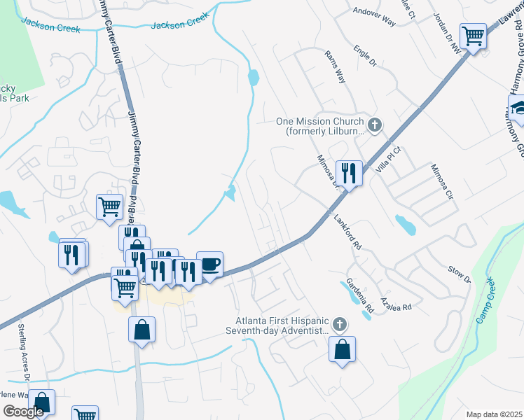 map of restaurants, bars, coffee shops, grocery stores, and more near 6115 Colston Lane in Tucker