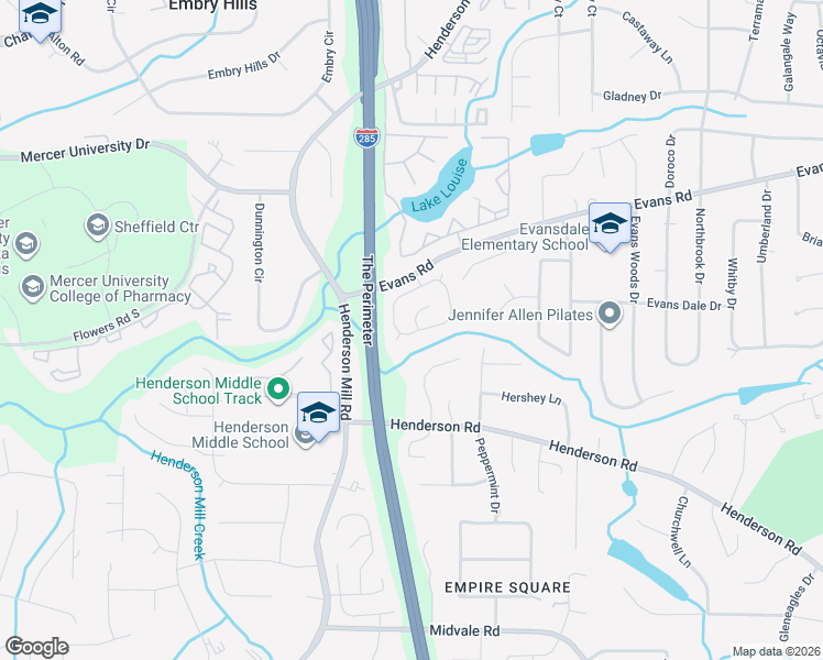 map of restaurants, bars, coffee shops, grocery stores, and more near 2861 Greystone Lane in Chamblee