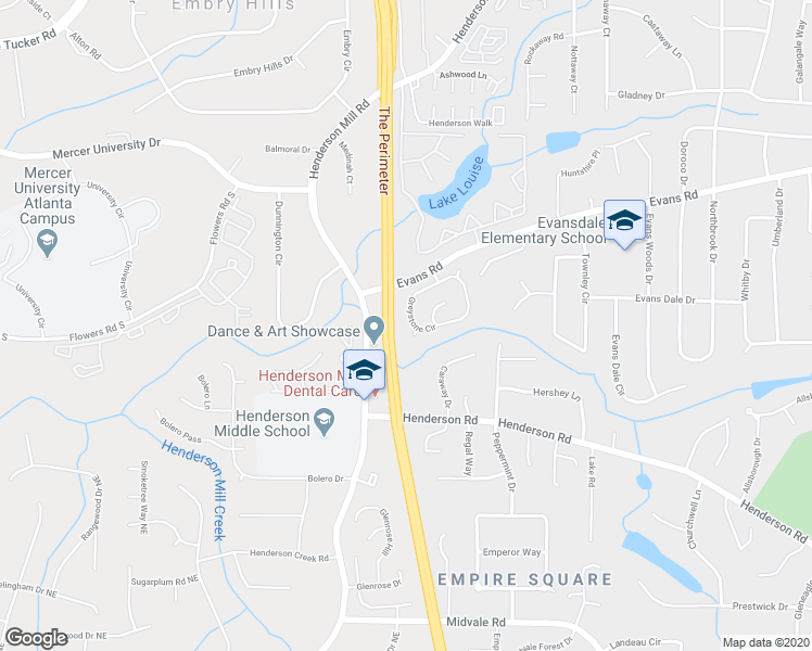 map of restaurants, bars, coffee shops, grocery stores, and more near 3580 Greystone Circle in Atlanta