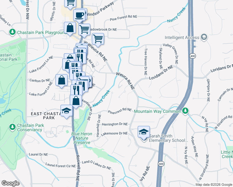 map of restaurants, bars, coffee shops, grocery stores, and more near 4250 Wieuca Overlook Northeast in Atlanta