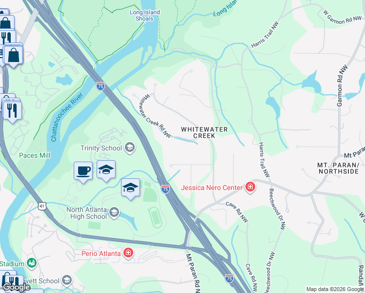 map of restaurants, bars, coffee shops, grocery stores, and more near 4165 Whitewater Creek Road Northwest in Atlanta
