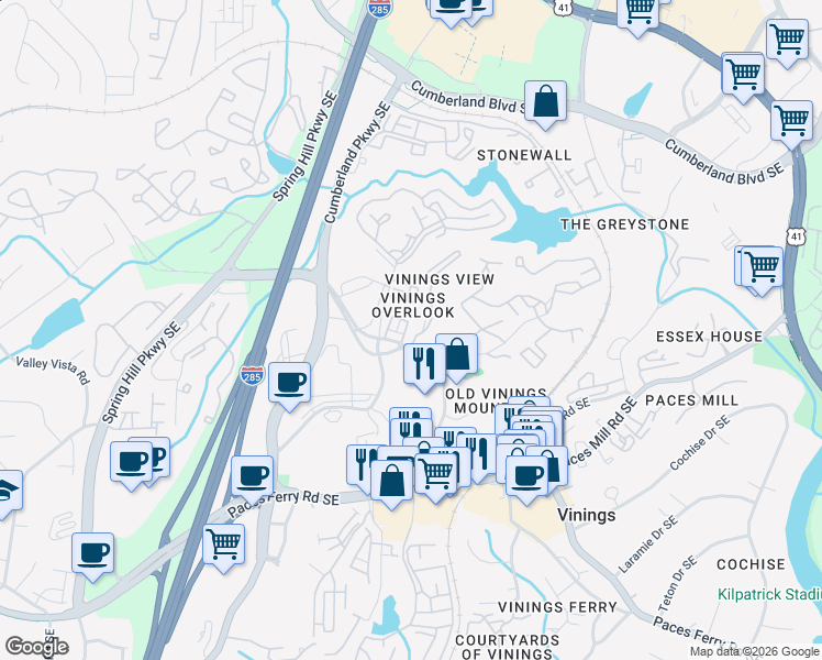 map of restaurants, bars, coffee shops, grocery stores, and more near 3421 Triview Square in Atlanta